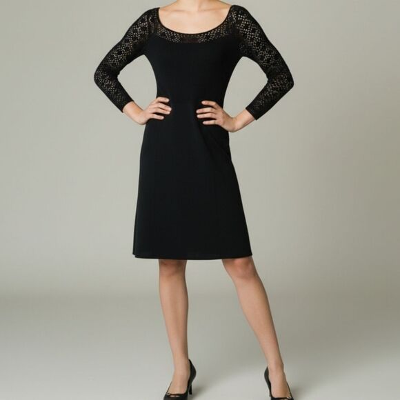 Rare Find 1970 Vintage Black Knit St.John Knits Fitted Flare Crochet Dress - Picture 3 of 8